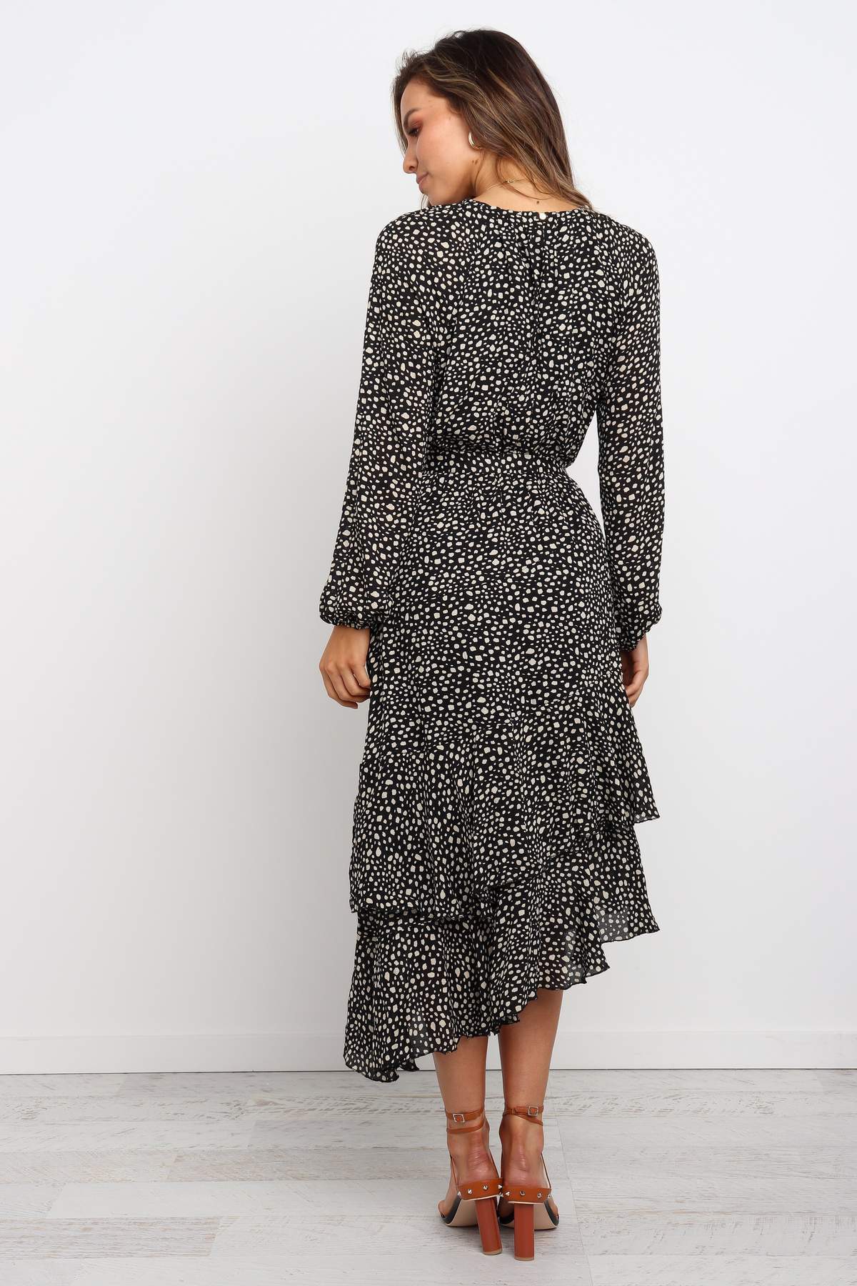 Printed Round Neck Ruffle Long Sleeve Dress CD358