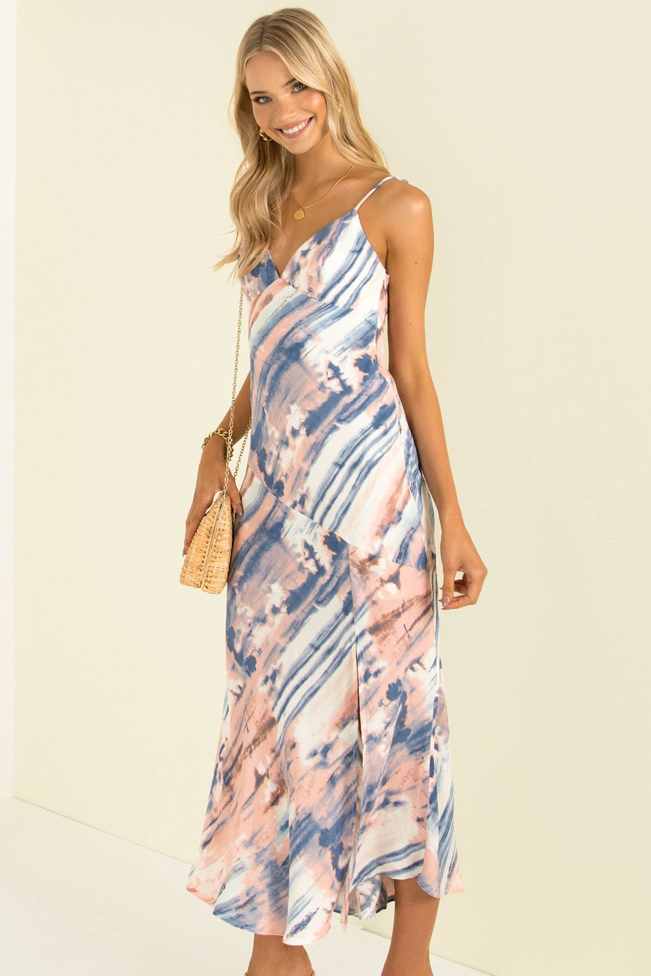 Strap Tie Dye Printed V-Neck Mid Waist Dress CD327