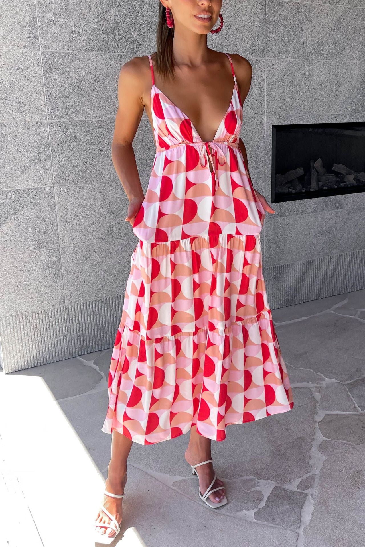 Sexy Strap V-Neck Open Back Pleated Print Dress CD329