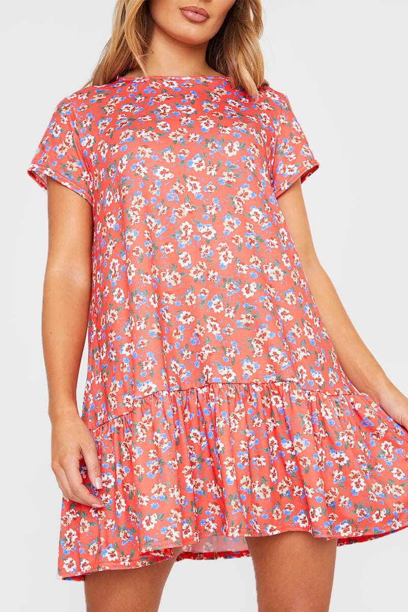 Printed Round Neck Short Sleeve Ruffled Dress CD227