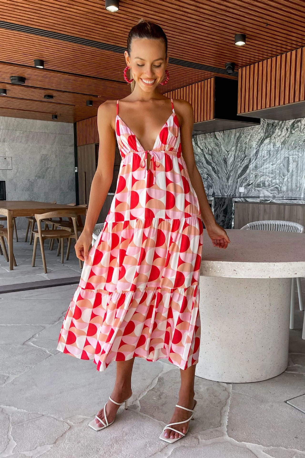 Sexy Strap V-Neck Open Back Pleated Print Dress CD329