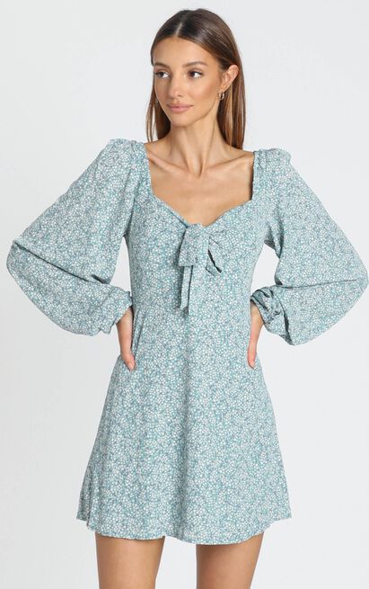 Floral V-neck Bow Long Sleeve High-rise Dress CD348