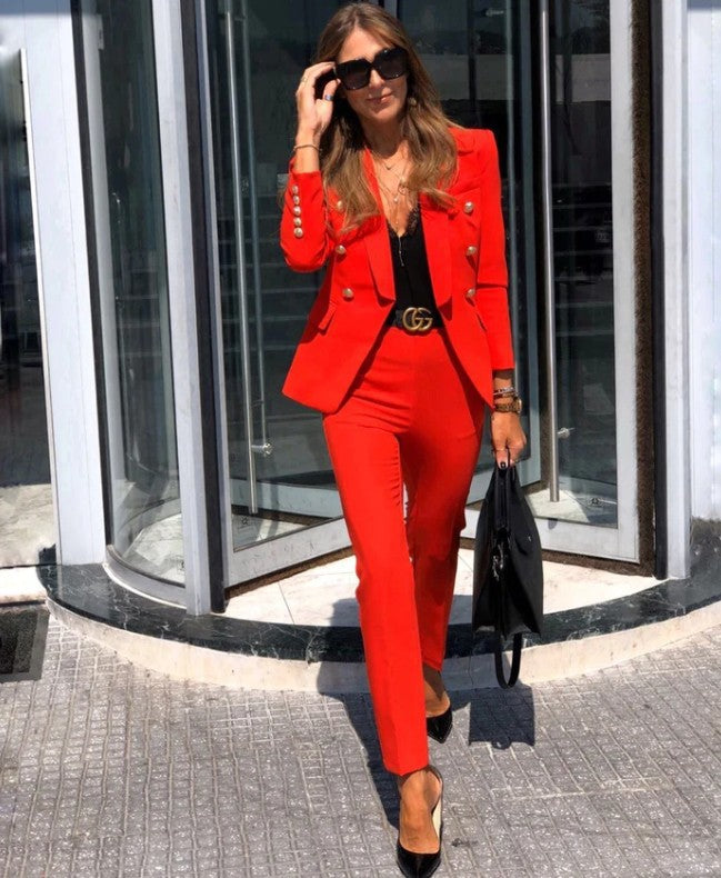 Professional Deep V-Neck Suit Jacket & Pant Sets