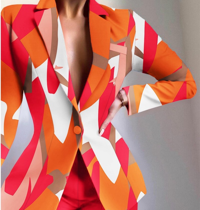 Women's V-Neck Patterned Suit Jacket & Pant Sets