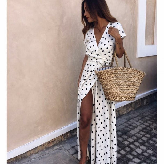 Polka Dot Printed Low Cut Short Sleeved Slit Dress CD310