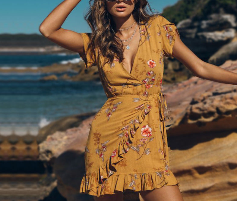 Floral V-neck Short-sleeved Ruffled Dress CD394