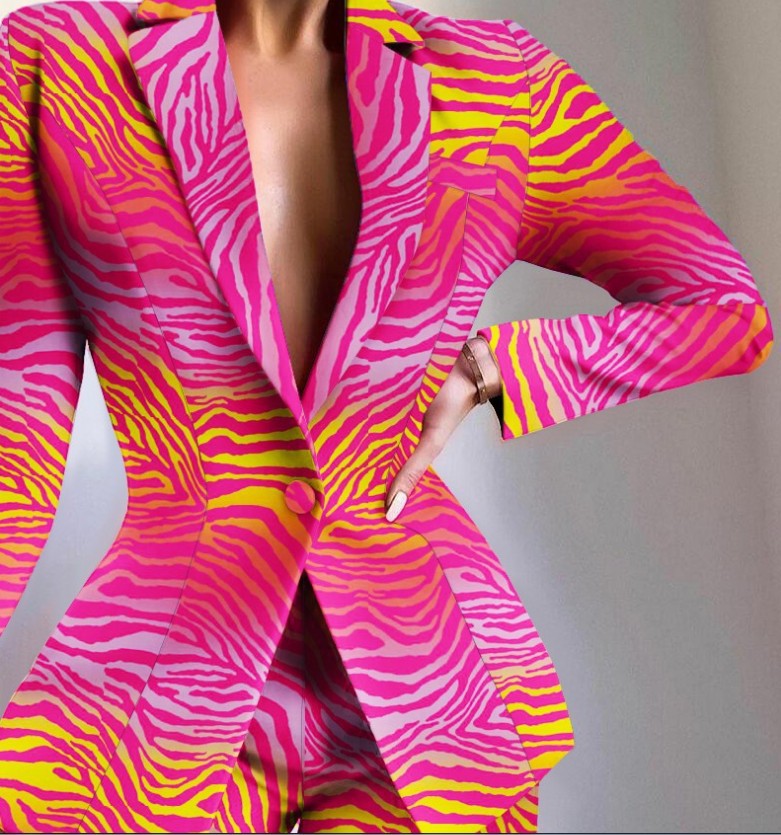 Women's V-Neck Patterned Suit Jacket & Pant Sets