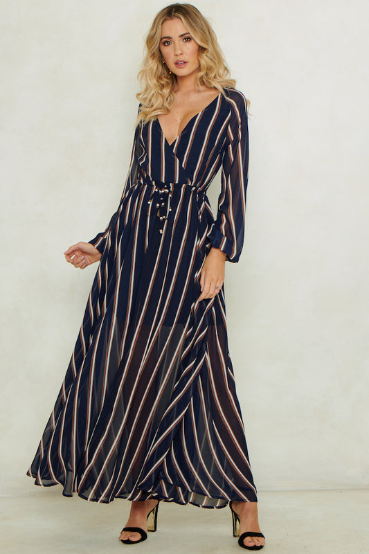 Stripe Printed V-neck Long Sleeved Large Swing Dress CD311