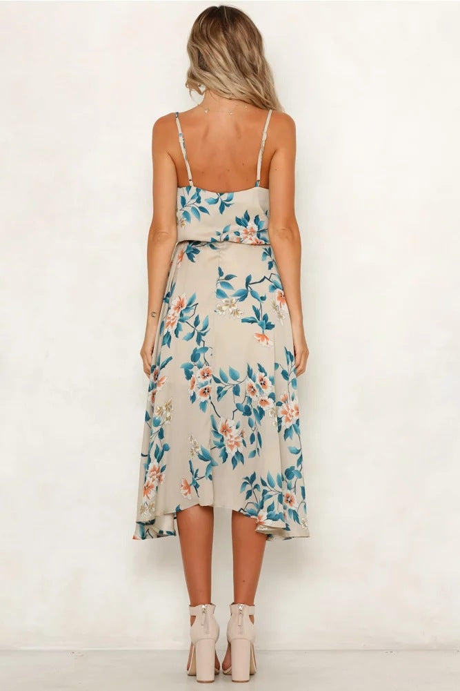 Printed Suspenders Sleeveless Sexy V-neck Dress CD396