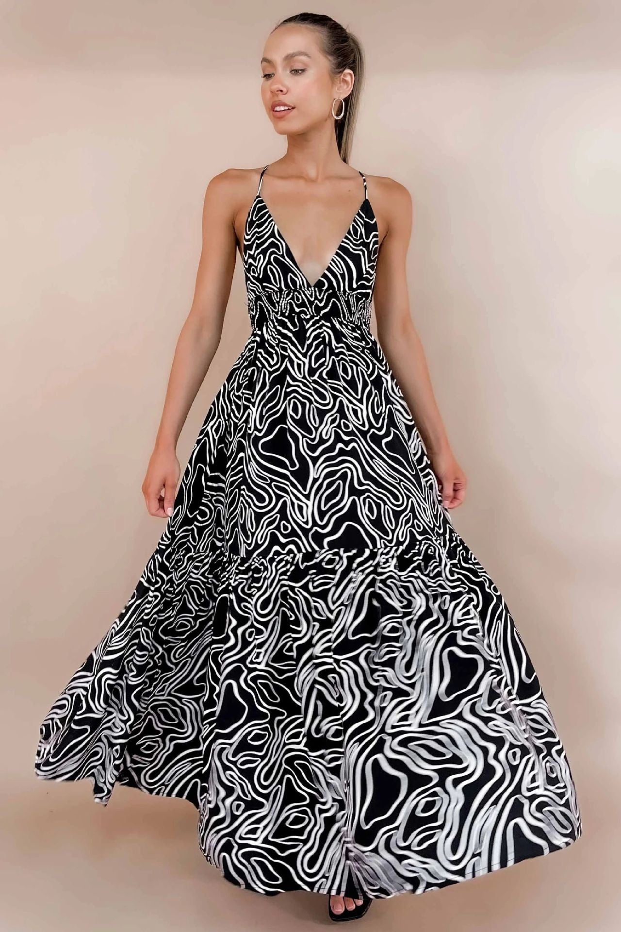 Sexy Strap V-Neck Open Back Pleated Print Dress CD329