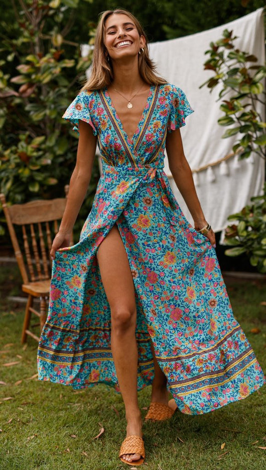 Chiffon Print Pleated V-neck Beach Dress CD331