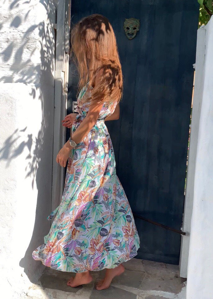 Slip Print V-neck Irregular Dress CD404