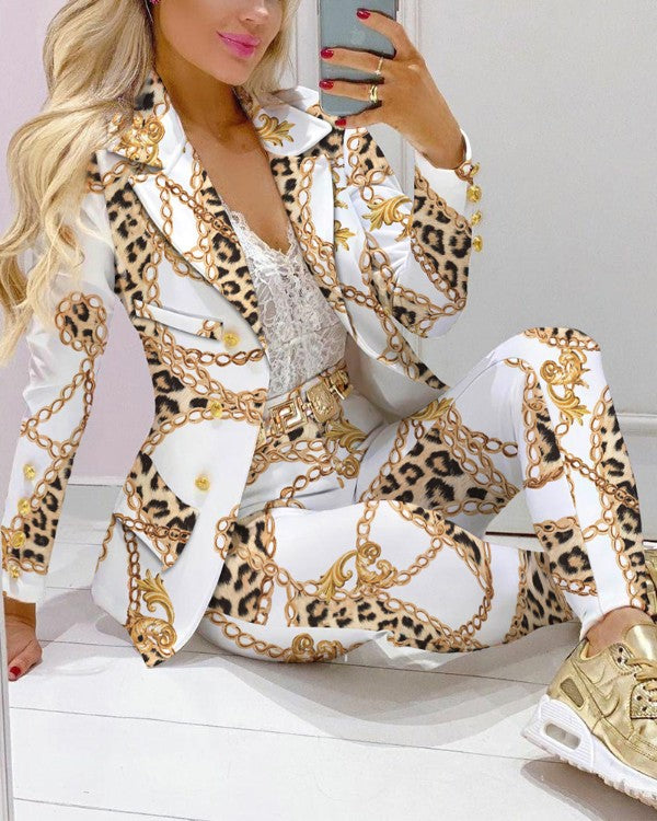 Women's Lapel Neck Patterned Suit Jacket & Pant Sets