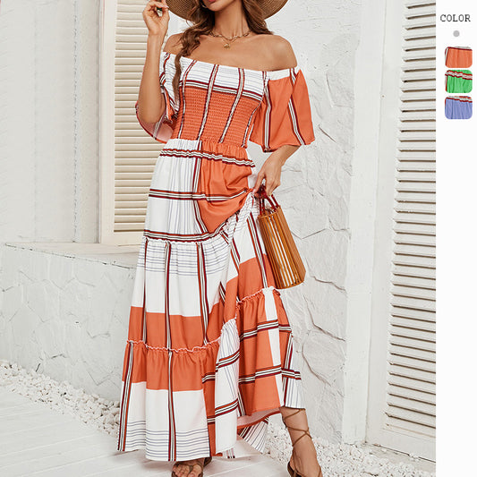 Women's Striped Ruffled Dress with A Line Neck CD565