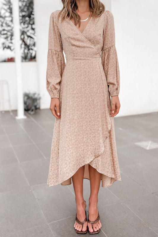 Printed Long Sleeved Pleated V-neck Large Swing Dress CD296