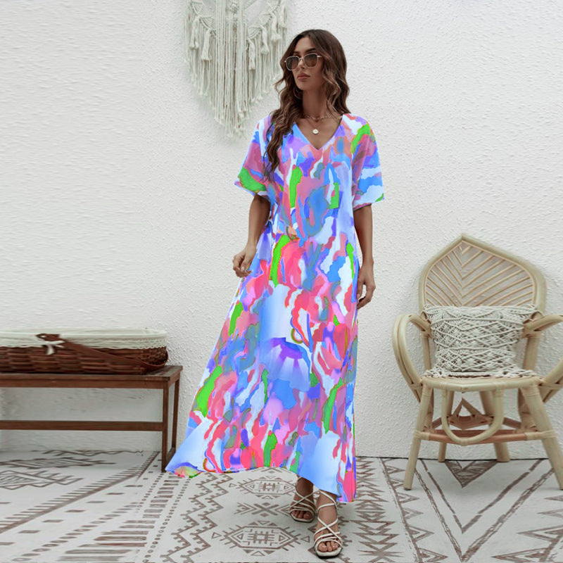 Women's Printed Loose Swing Short Sleeve Dress CD511