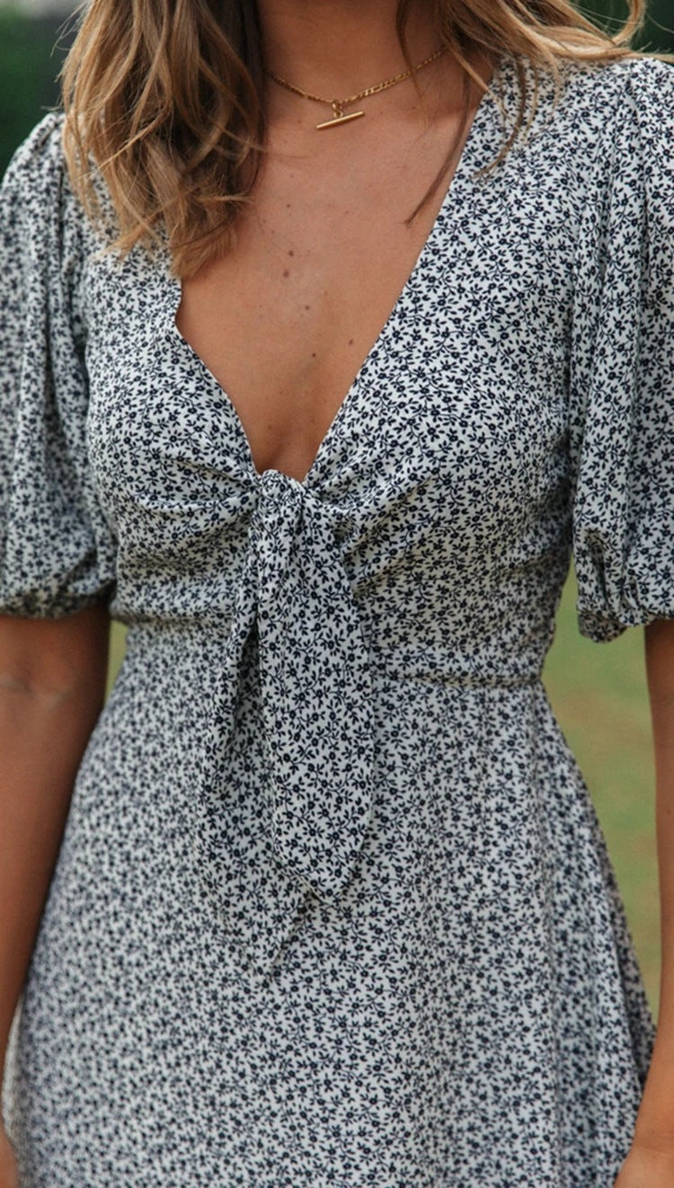 Floral Bow V-Neck Bubble Short Sleeve Dress CD359