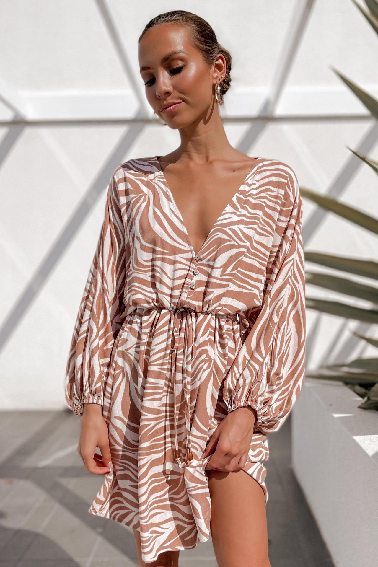 Long Sleeve Zebra Print V-neck Dress CD335