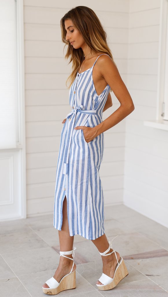Striped Print V-neck Slip Sleeveless Dress CD346