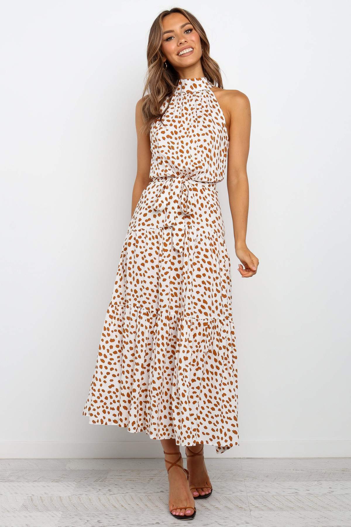 Leopard Print Mid Waist Sleeveless Ruffle Long Dress CD312