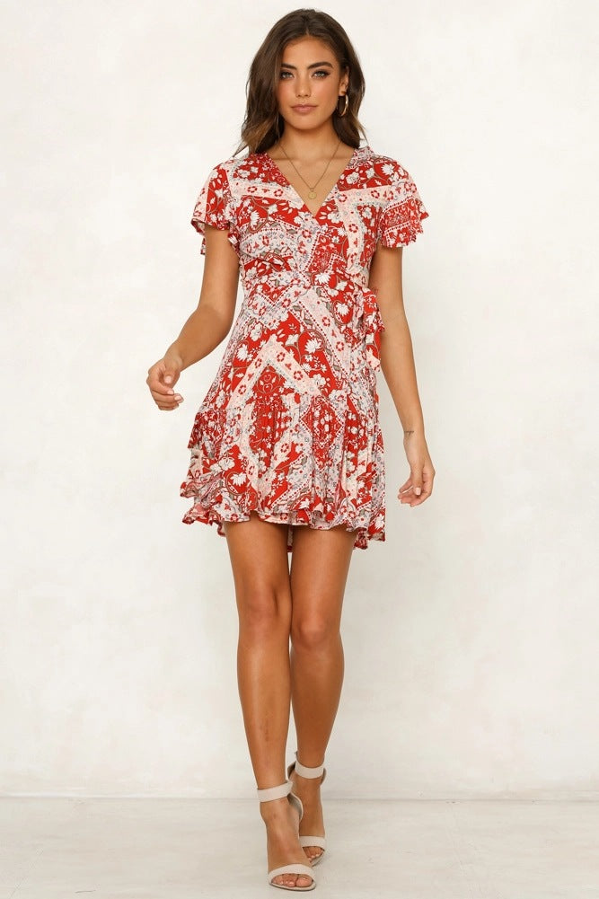 V-neck Ruffled Short Sleeved Printed Dress CD354