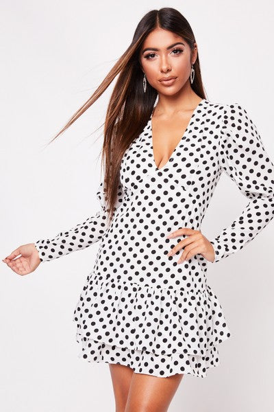 V-neck Long-sleeved Ruffled Polka-dot Printed Dress CD340