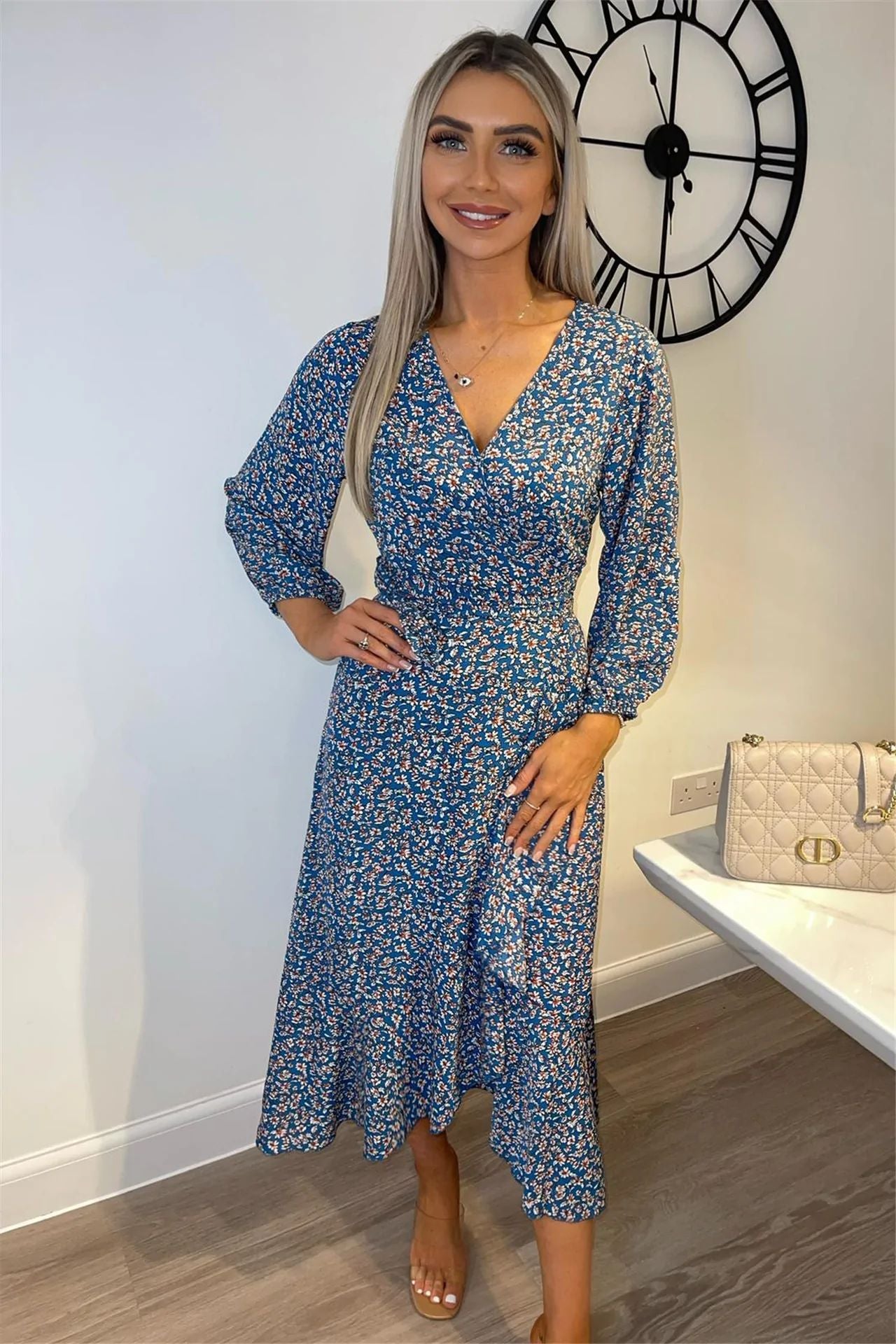V-neck Floral and Lotus Leaf Lace Up Irregular Dress CD330