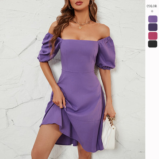 Women's Solid Square Neck Bubble Sleeve Dress CD542