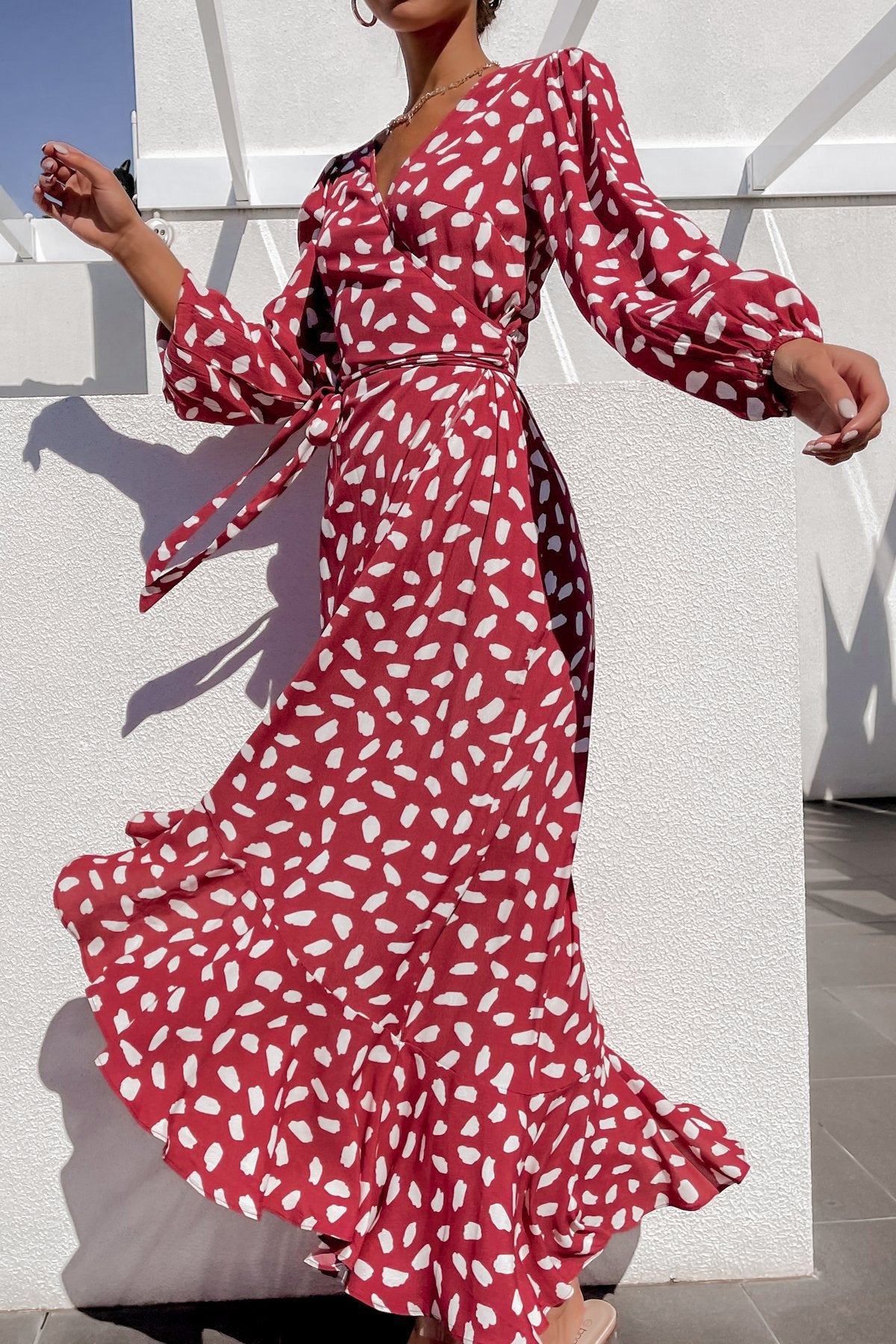 Leopard Print Long Sleeve V-neck High Waist Dress CD297