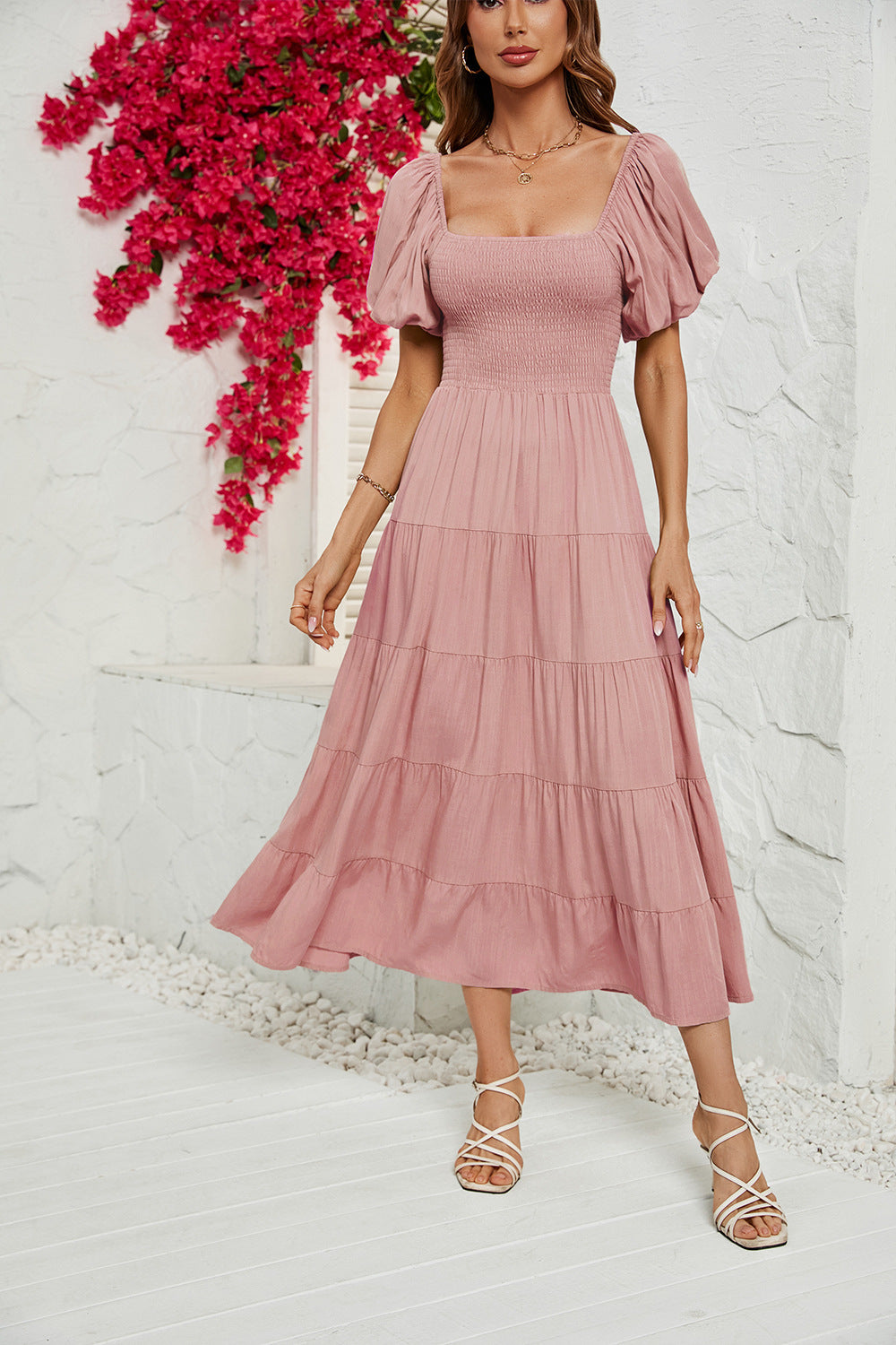 Women's High Waist Bubble Sleeve Wrap Up Dress CD551