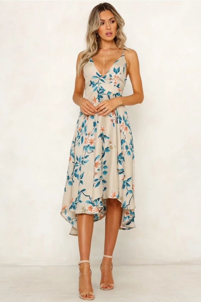 Strap Sleeveless V-neck Printed Irregular Dress CD357