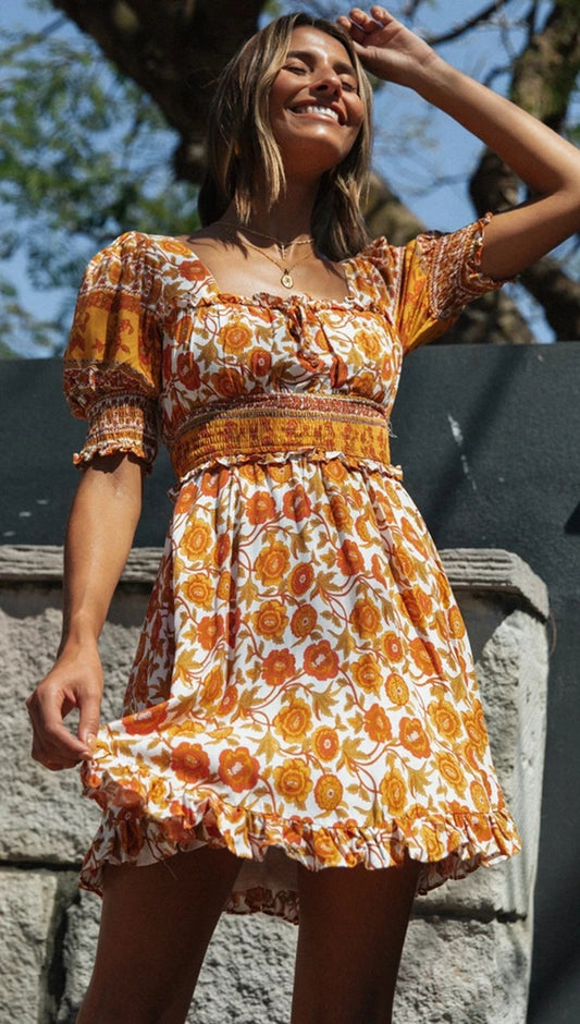 Printed Ruffled Lanbul Short-sleeved High-rise Dress CD360