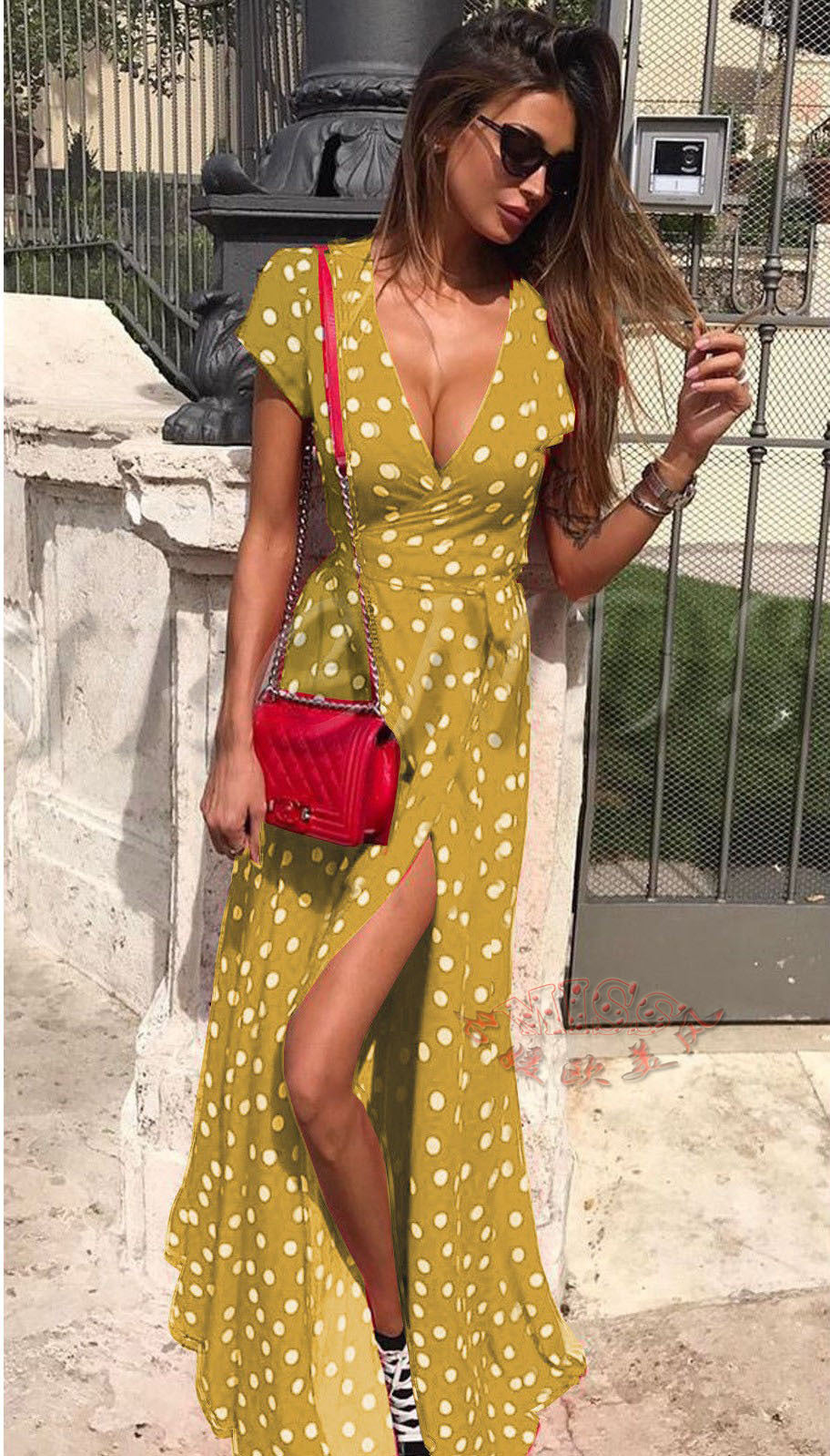Polka Dots Print Low Cut Short Sleeved Split Dress CD313