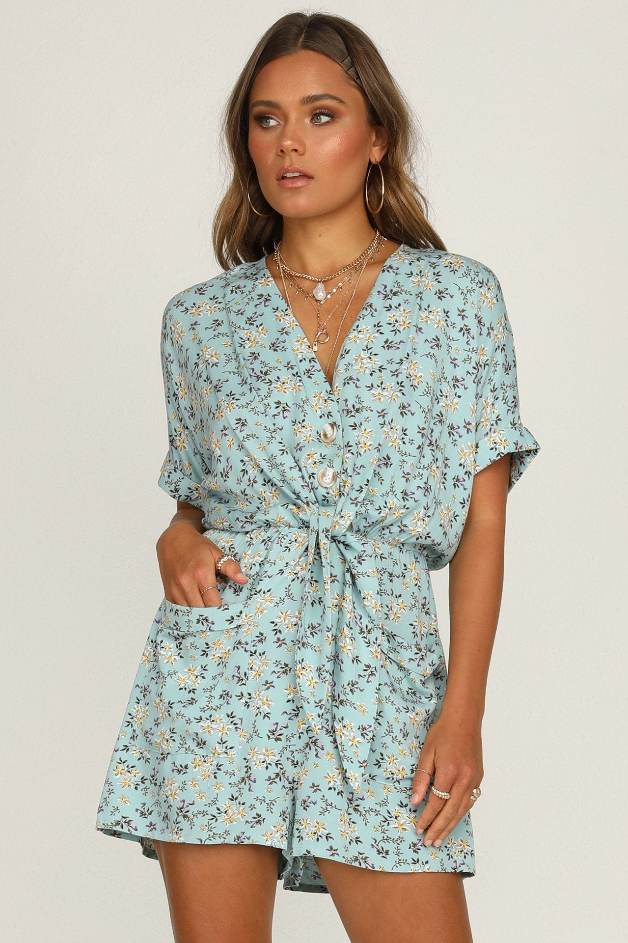 Floral Short Sleeved V-neck High Waisted Jumpsuit CD382