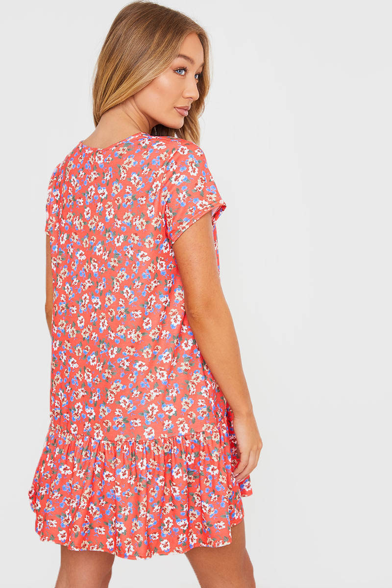 Printed Round Neck Short Sleeve Ruffled Dress CD227