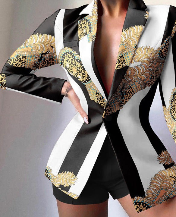 Women's V-Neck Patterned Suit Jacket & Pant Sets