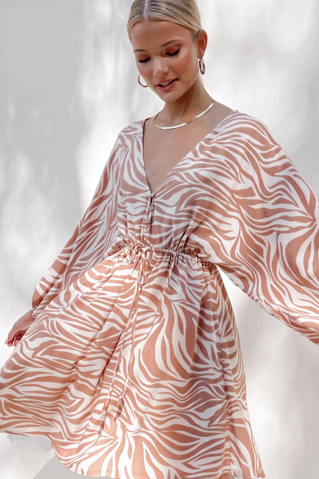 Long Sleeve Zebra Print V-neck Dress CD335