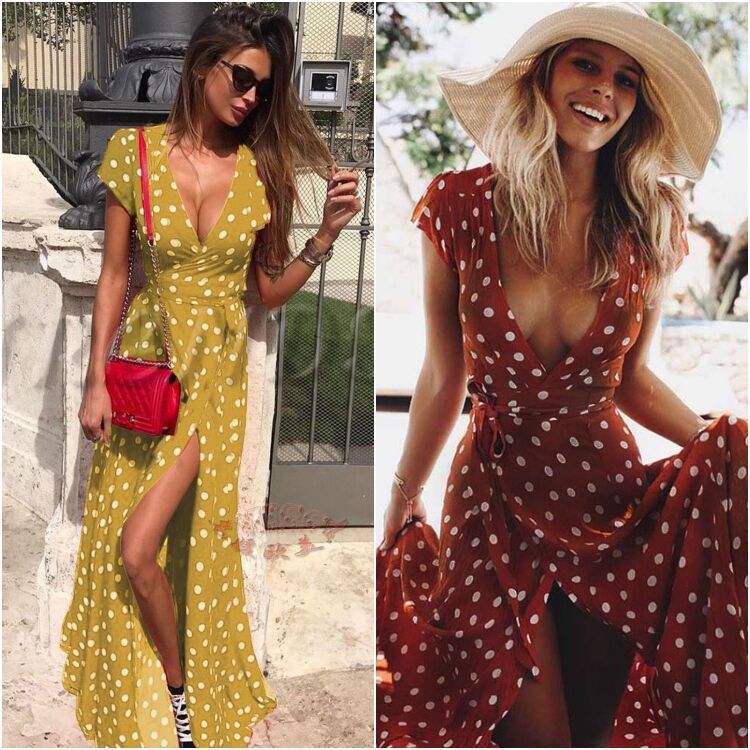 Polka Dots Print Low Cut Short Sleeved Split Dress CD313