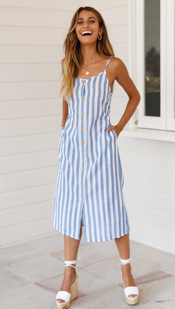 Striped Print V-neck Slip Sleeveless Dress CD346