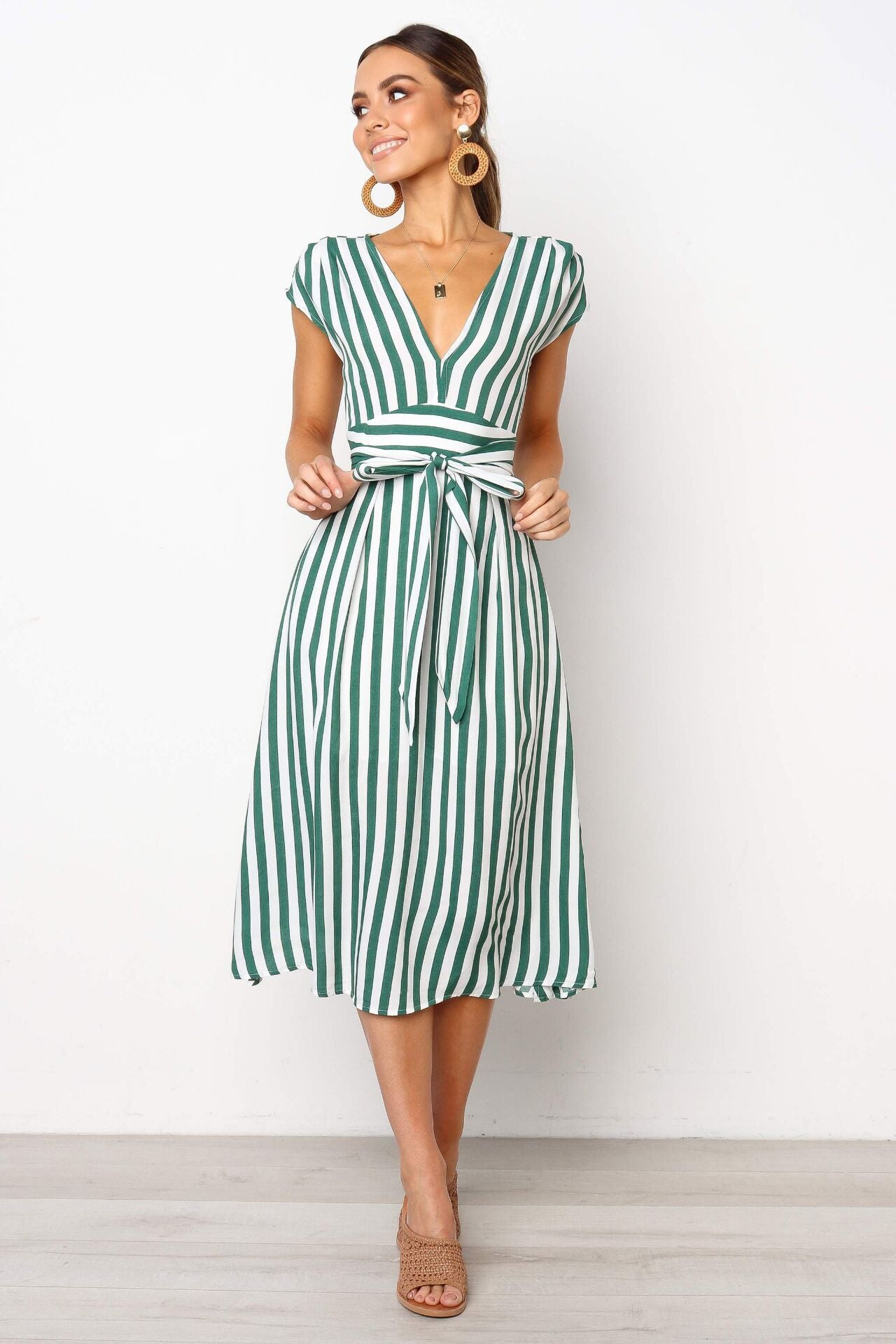 V-neck Sleeveless Striped Print Dress CD345