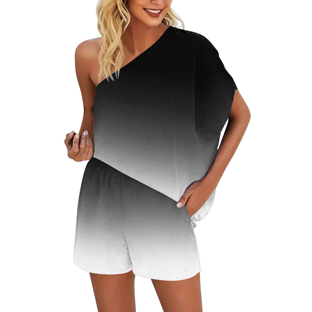 Printed Diagonal Neck Sexy Off Shoulder Loose Set Women's CD628
