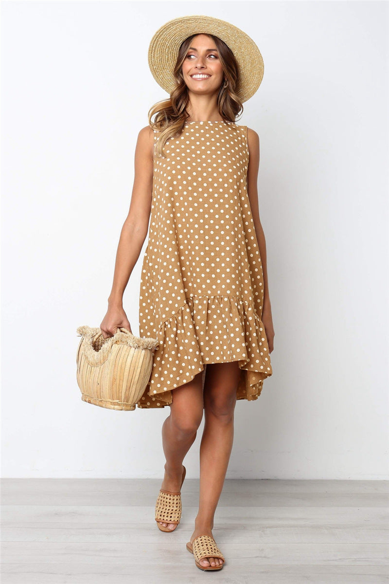 Sleeveless Crewneck Polka Dots Print Dress CD392