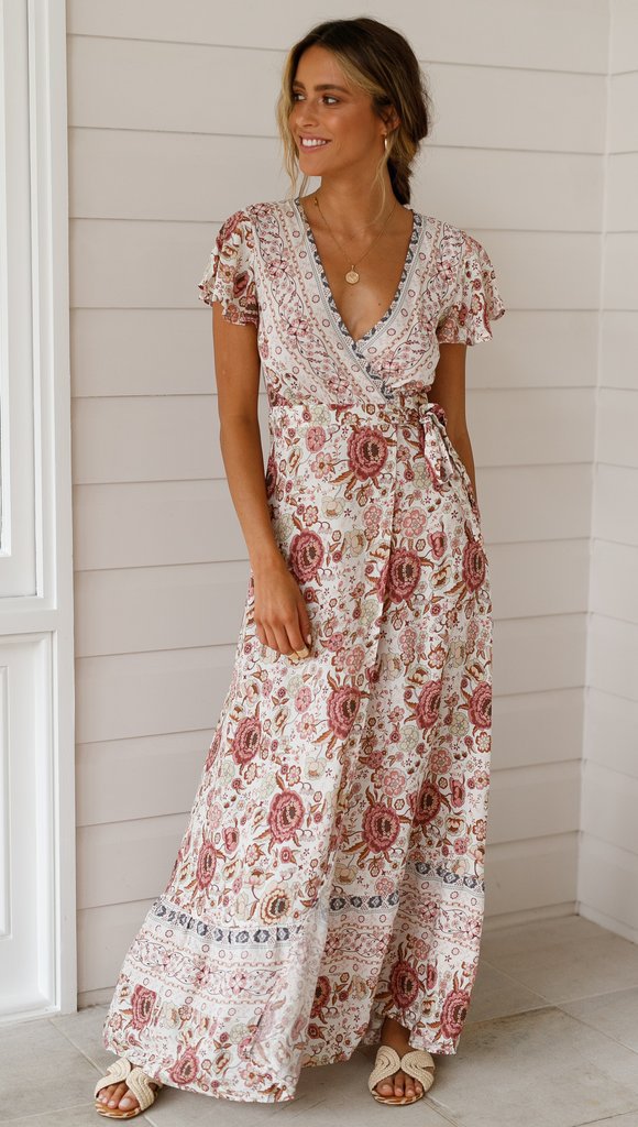 V-neck Lotus Printed Sexy Swing Long Dress CD298