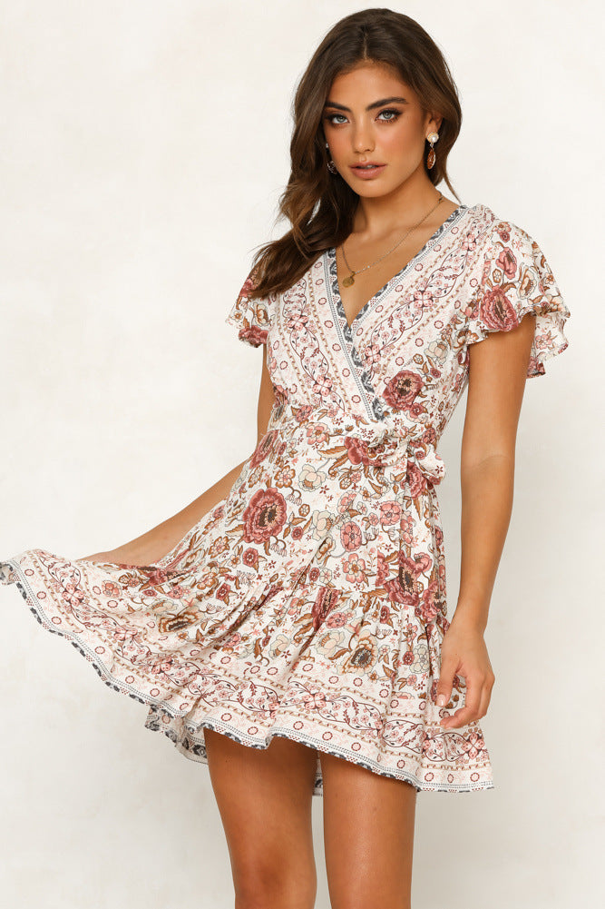 Short-sleeved V-neck Printed Floral Dress CD398