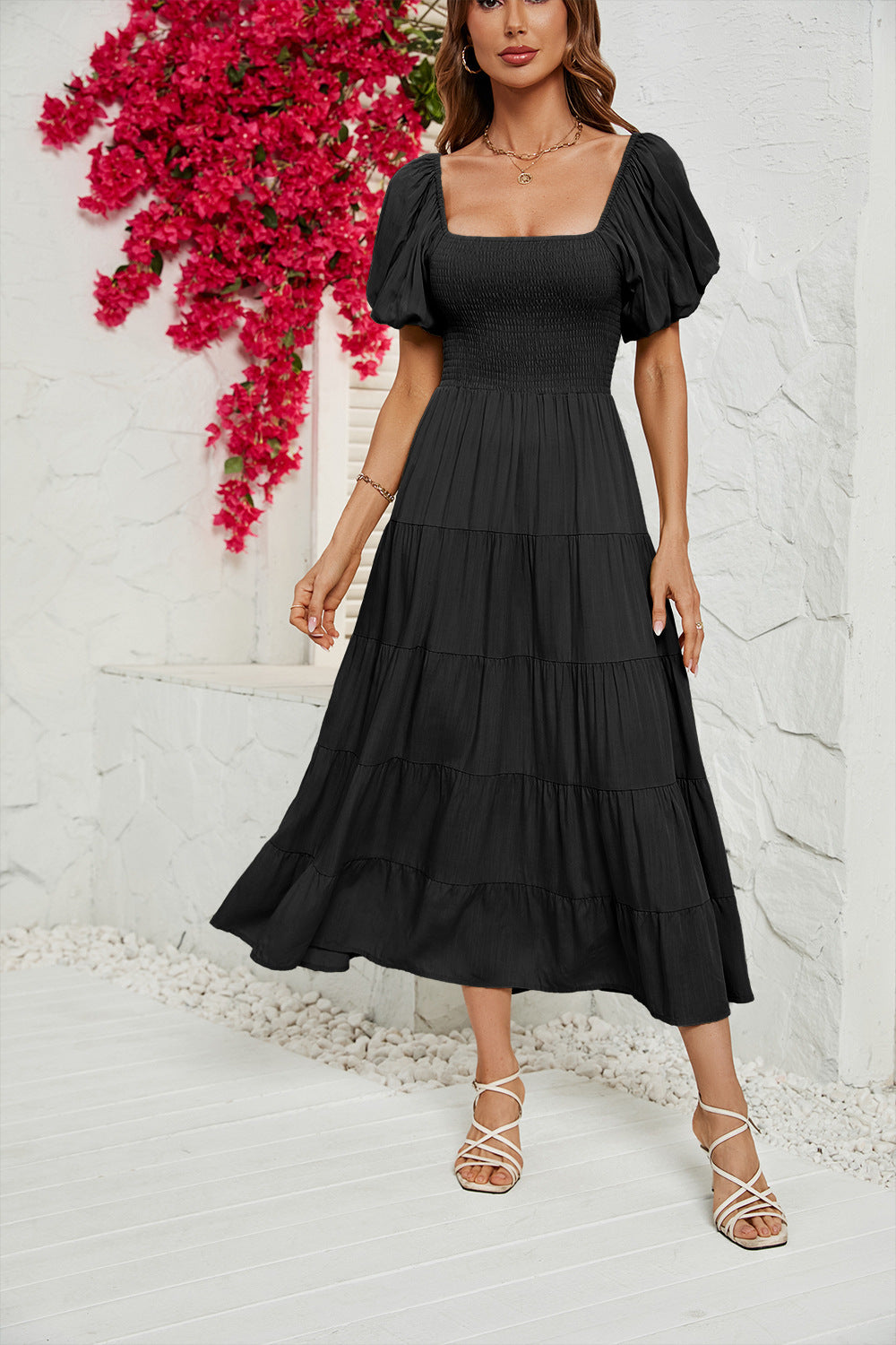 Women's High Waist Bubble Sleeve Wrap Up Dress CD551