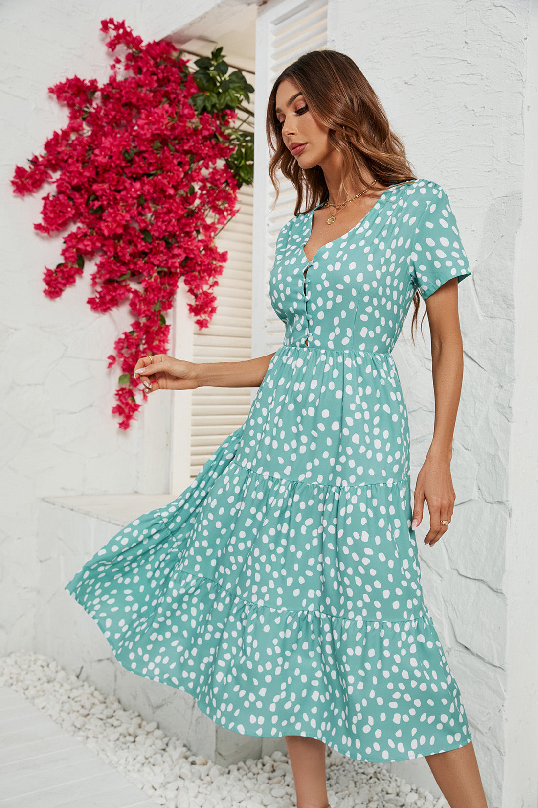 Women's V-neck Printed Short Sleeve Dress CD580