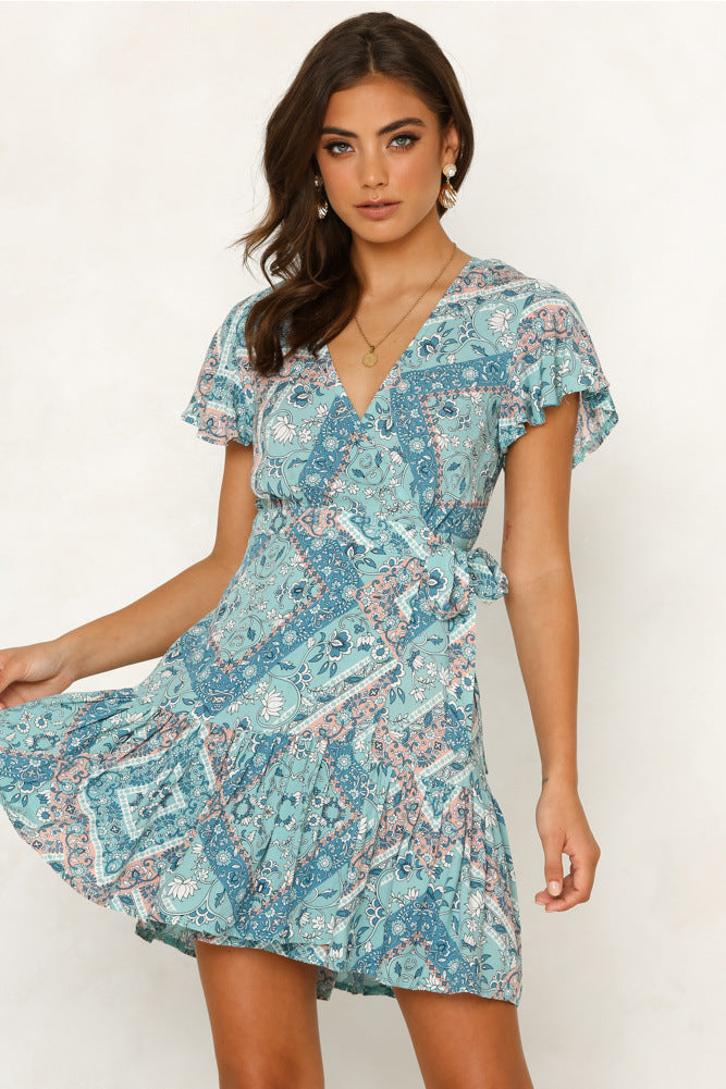 V-neck Ruffled Short Sleeved Printed Dress CD354