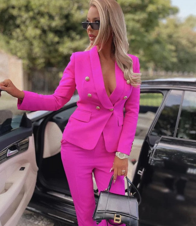 Professional Deep V-Neck Suit Jacket & Pant Sets