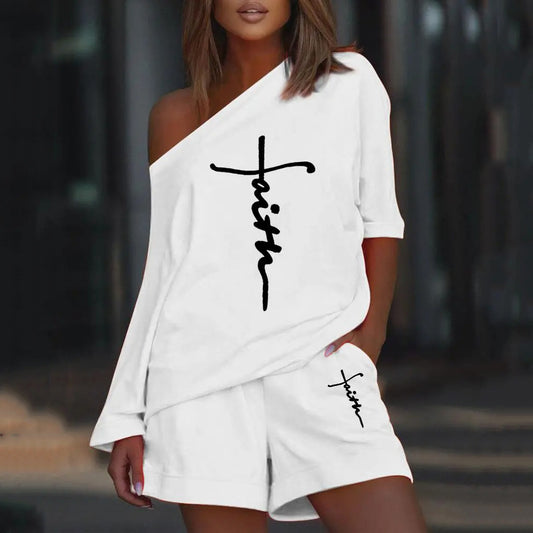 Printed Diagonal Collar Long Sleeved Casual Loose Fitting Set CD627