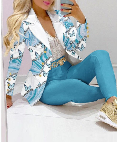 Women's Lapel Neck Patterned Suit Jacket & Pant Sets
